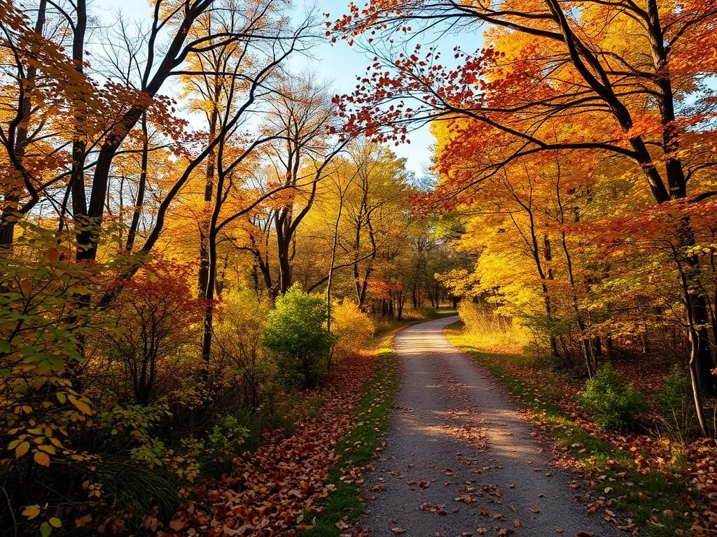 Fall foliage along hiking trails at Cleburne State Park with colorful autumn leaves
