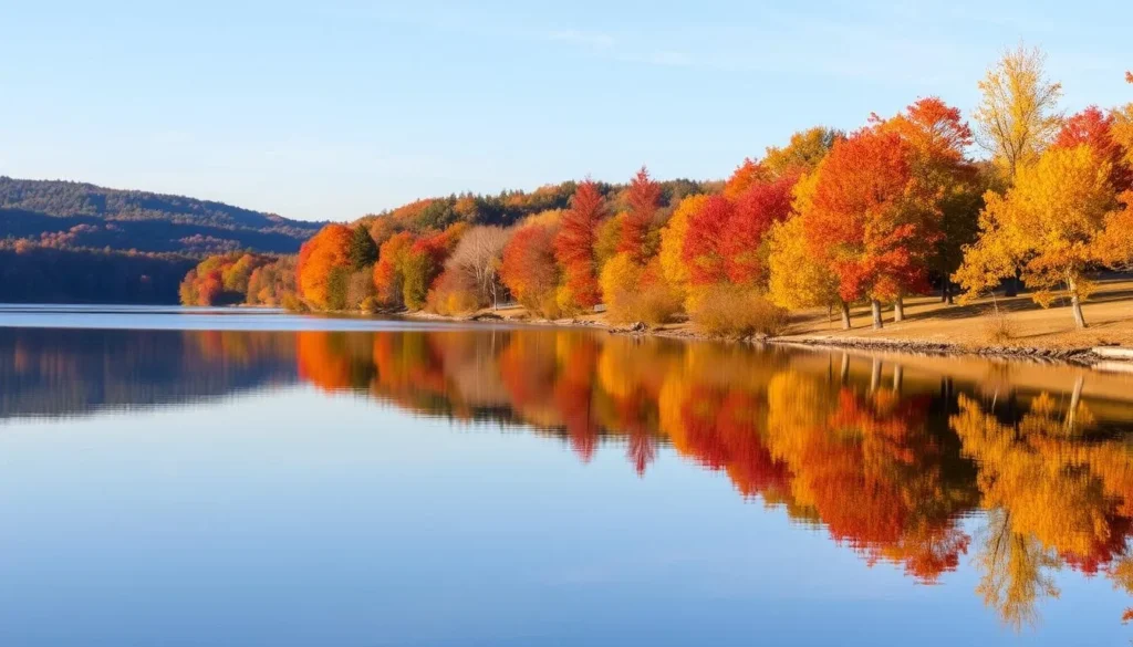 Fall foliage around Chautauqua Lake near Jamestown New York with colorful autumn trees