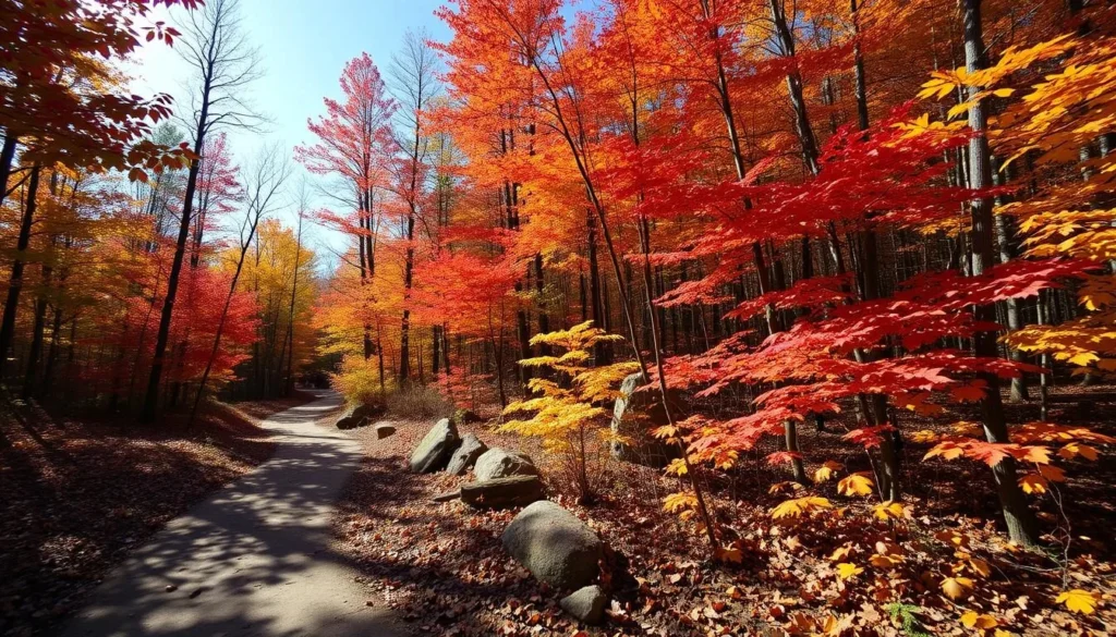 Fall foliage at Camden Hills State Park with vibrant red and orange leaves surrounding hiking trail