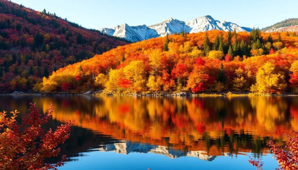 Fall foliage at Killarney Provincial Park with vibrant red and orange trees reflecting in a calm lake