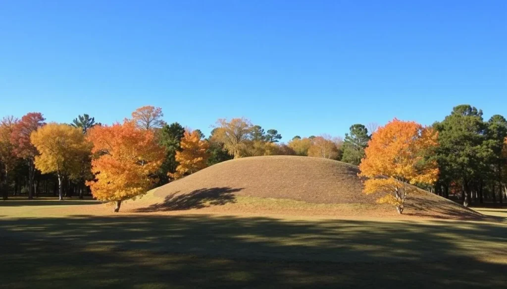 Fall foliage at Lake Jackson Mounds Archaeological State Park with colorful trees surrounding one of the temple mounds
