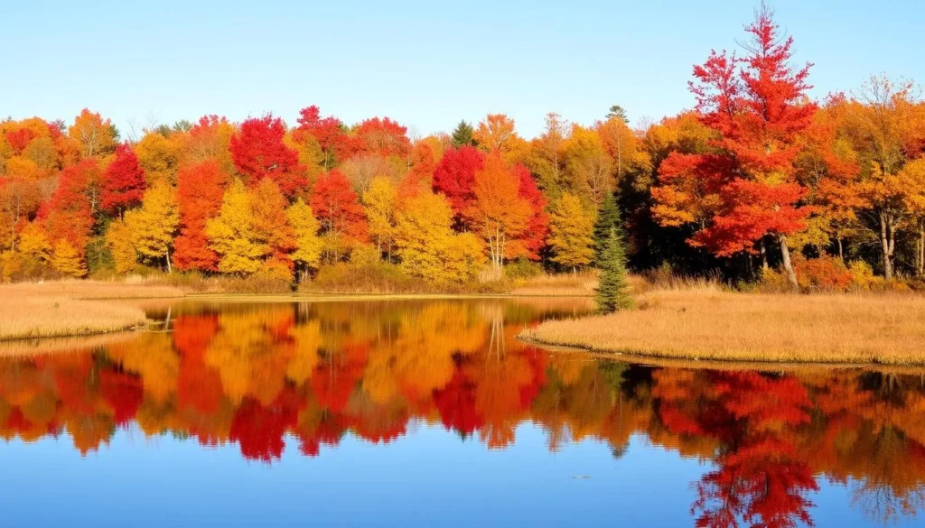 Fall foliage at Rachel Carson National Wildlife Refuge with colorful maple trees reflecting in still water