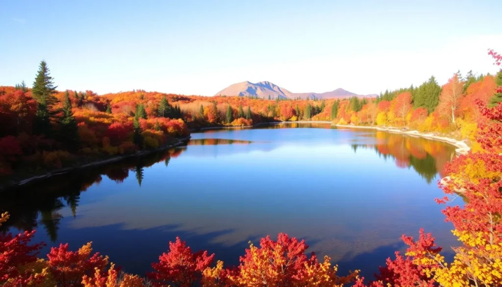 Fall foliage colors surrounding Jordan Pond in Acadia National Park on Mount Desert Island, Maine