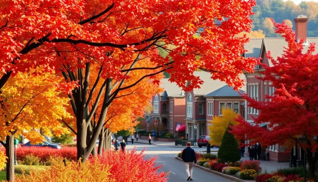 Fall foliage in Granville Ohio with historic buildings