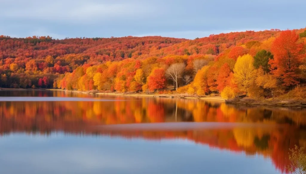 Fall foliage surrounding Dale Hollow Lake with vibrant red and orange trees Fall foliage surrounding Dale Hollow Lake with vibrant red and orange trees