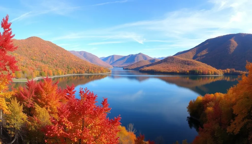 Fall foliage surrounding Stonecoal Lake near Buckhannon with colorful autumn trees Fall foliage surrounding Stonecoal Lake near Buckhannon with colorful autumn trees