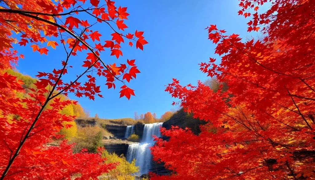 Fall foliage surrounding Valley Falls State Park in Fairmont, West Virginia with vibrant red and orange leaves against blue sky