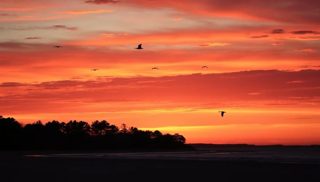 Fall sunset at Bald Point State Park Florida with migrating birds and colorful sky