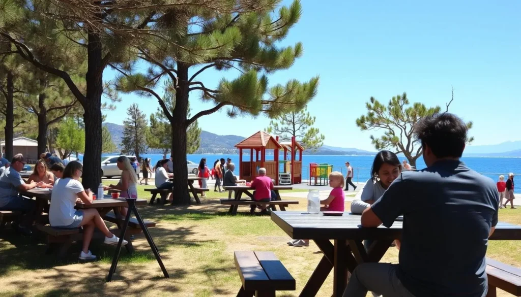 Families enjoying picnic areas and playground at Kings Beach State Recreation Area