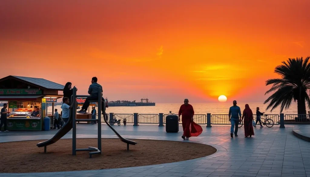 Families enjoying sunset at Dammam Corniche with children playing and food vendors Families enjoying sunset at Dammam Corniche with children playing and food vendors