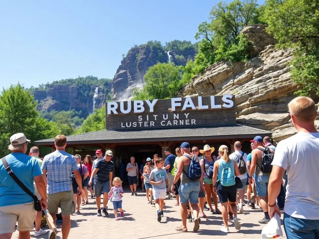 Families visiting Ruby Falls during summer peak season