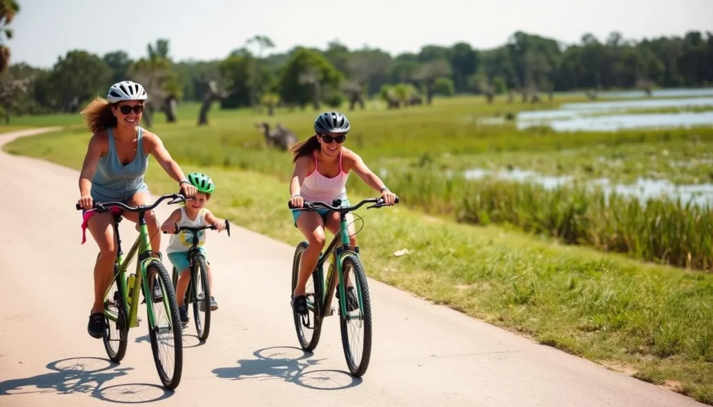 Family biking on a trail at Brazos Bend State Park with lake views