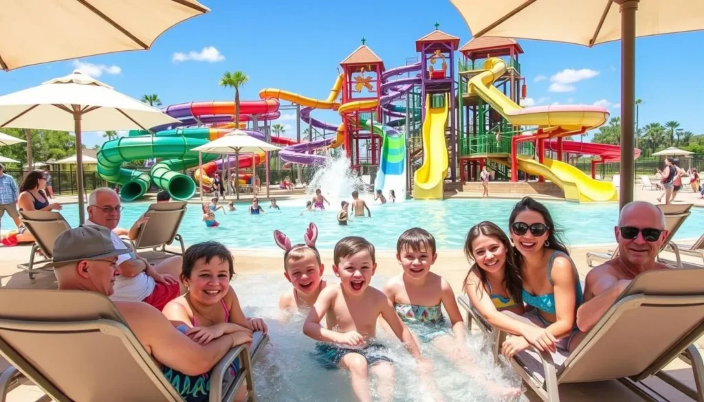 Family enjoying Hawaiian Falls Waterpark in Midlothian with water slides and pools