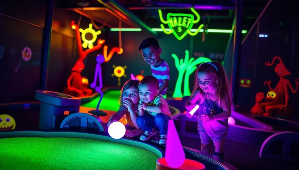 Family enjoying Monster Mini Golf in Timberwood Park Texas Family enjoying Monster Mini Golf in Timberwood Park Texas