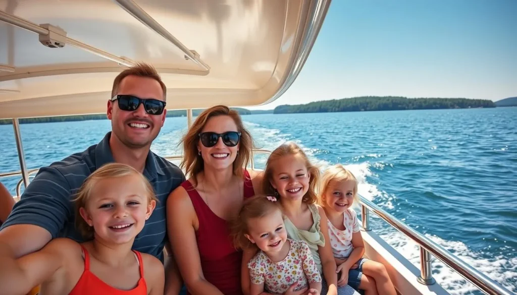 Family enjoying a boat tour on Lake Nipissing with scenic island views