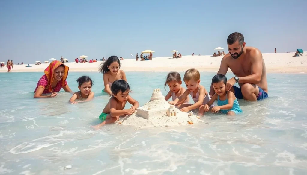 Family enjoying a day at Fuwairit Beach with children playing in the shallow water