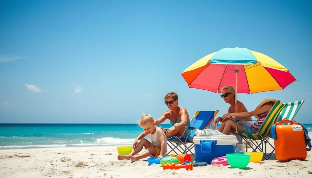 Family enjoying a day at Surfside Beach with beach essentials and setup Family enjoying a day at Surfside Beach with beach essentials and setup