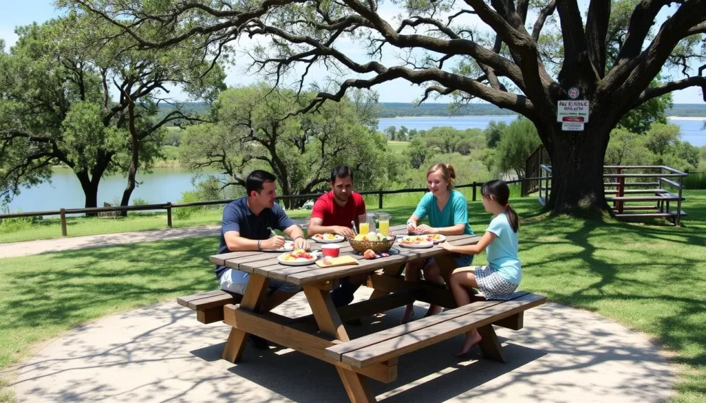 Family enjoying a picnic at Brazos Bend State Park with lake view