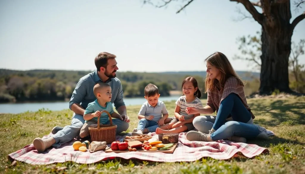 Family enjoying a picnic at Cedar Hill State Park with Joe Pool Lake in background Family enjoying a picnic at Cedar Hill State Park with Joe Pool Lake in background