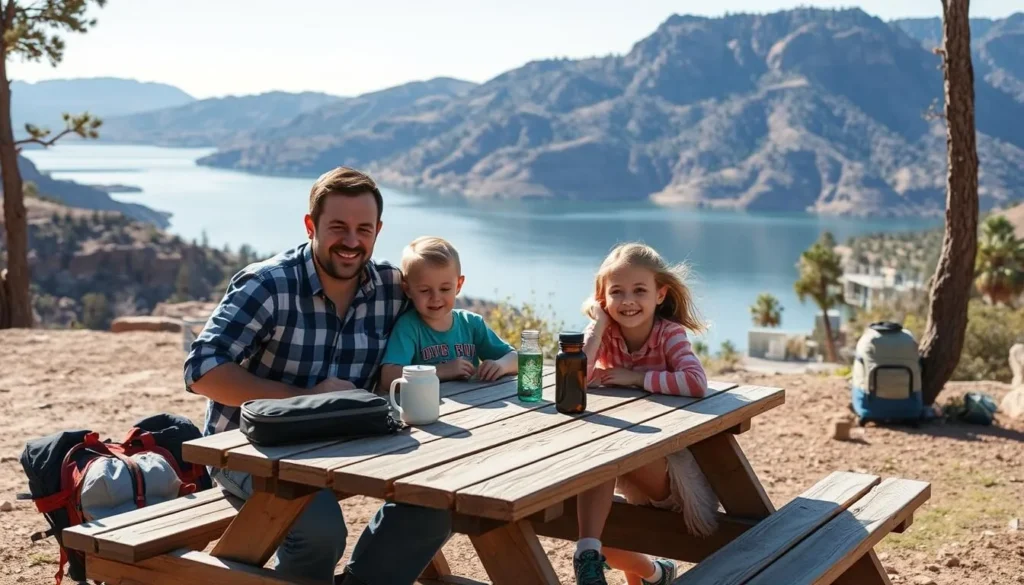 Family enjoying a picnic at East Canyon State Park with camping gear