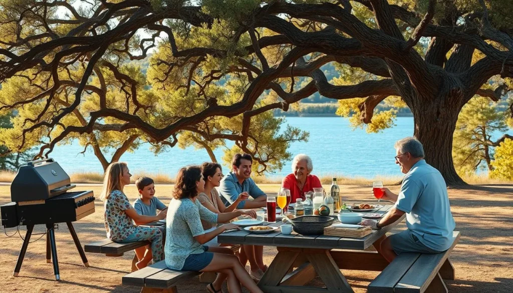 Family enjoying a picnic at Inks Lake State Park with lake view and recreational activities
