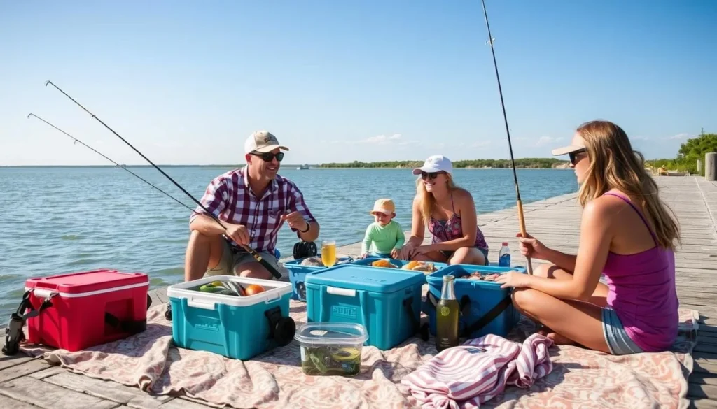 Family enjoying a picnic at Texas City Dike with fishing gear and coolers