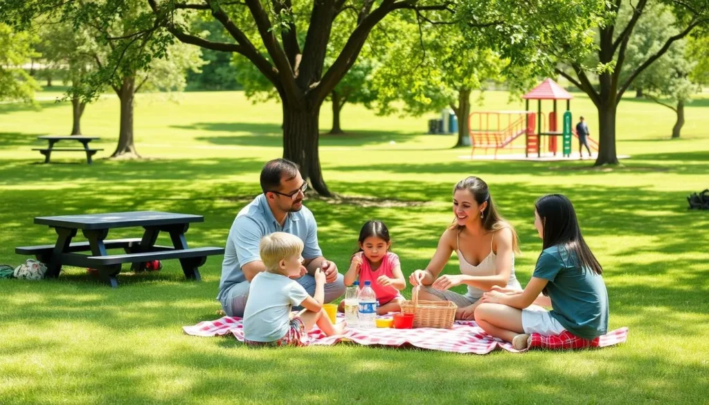 Family enjoying a picnic at a park in Clinton, Mississippi, showcasing outdoor recreational activities among the best things to do