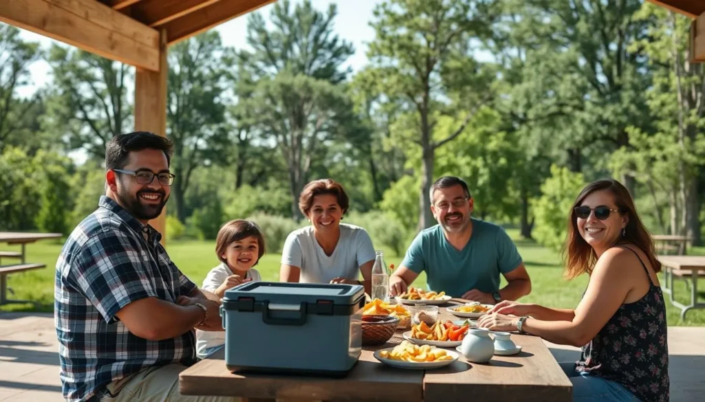 Family enjoying a picnic at one of Colt Creek State Park's picnic pavilions