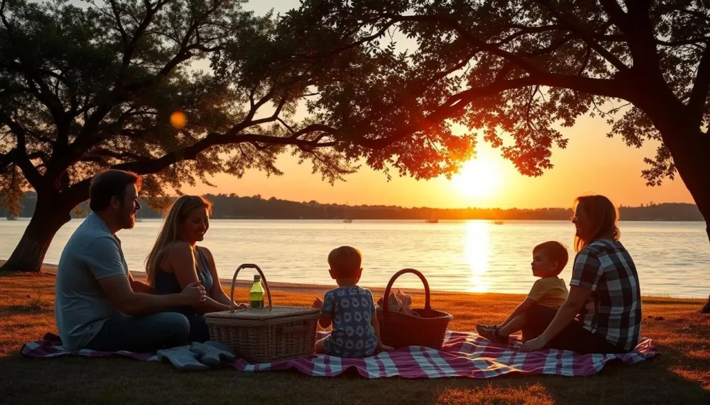 Family enjoying a picnic at sunset by Lake Ray Hubbard in Rowlett