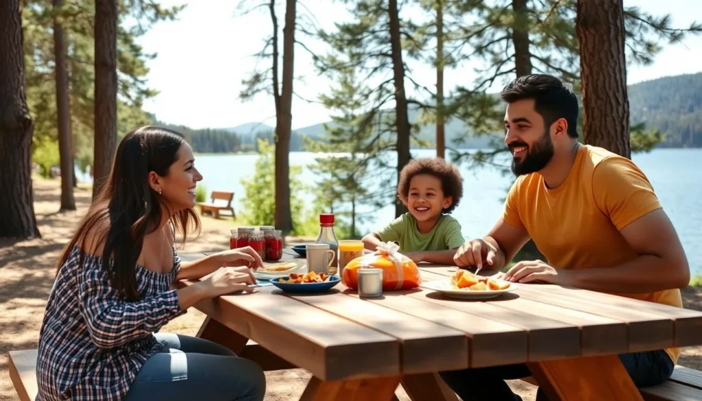 Family enjoying a picnic by the lake at Lake Louisa State Park Family enjoying a picnic by the lake at Lake Louisa State Park