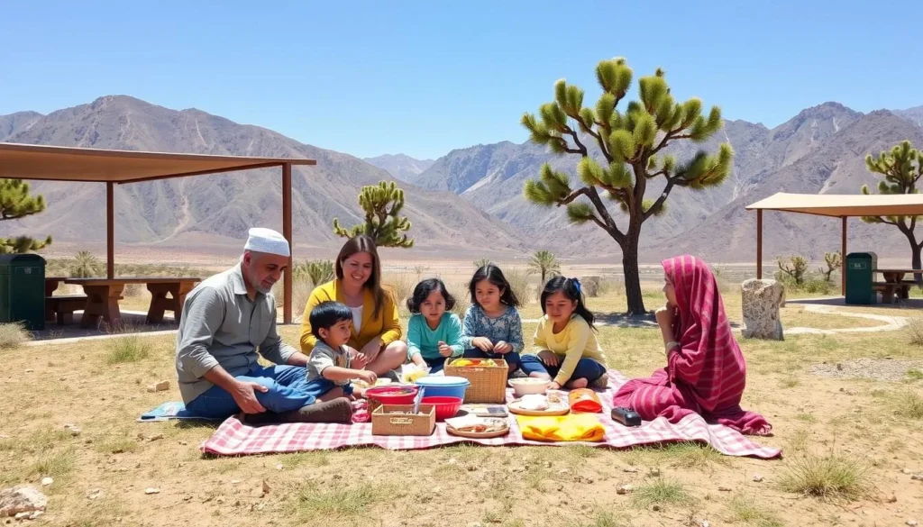 Family enjoying a picnic in a designated area of Aseer National Park with mountain views Family enjoying a picnic in a designated area of Aseer National Park with mountain views