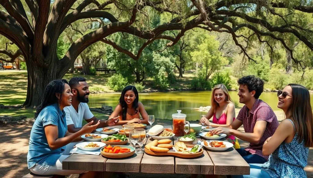 Family enjoying a picnic near Lafayette Blue Springs with food spread out on a picnic table