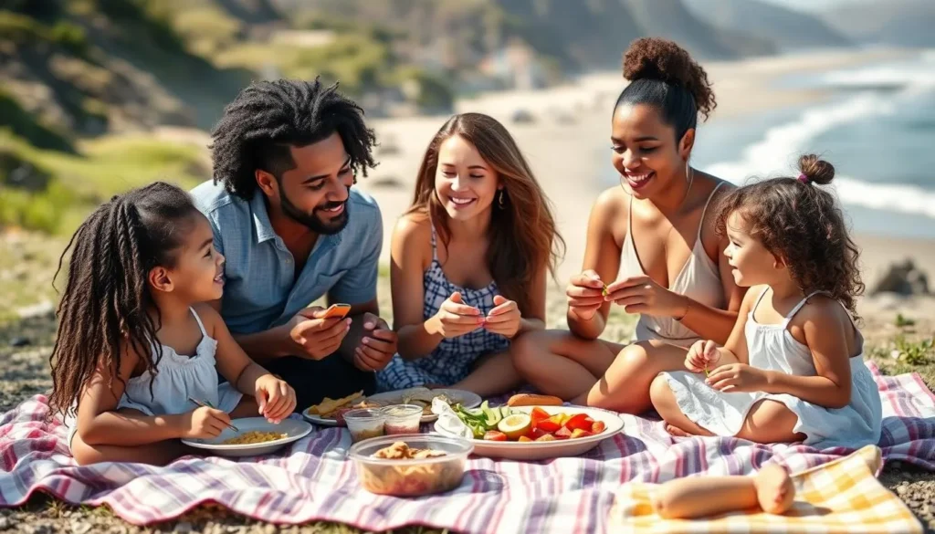 Family enjoying a picnic near Malibu Lagoon with beach views