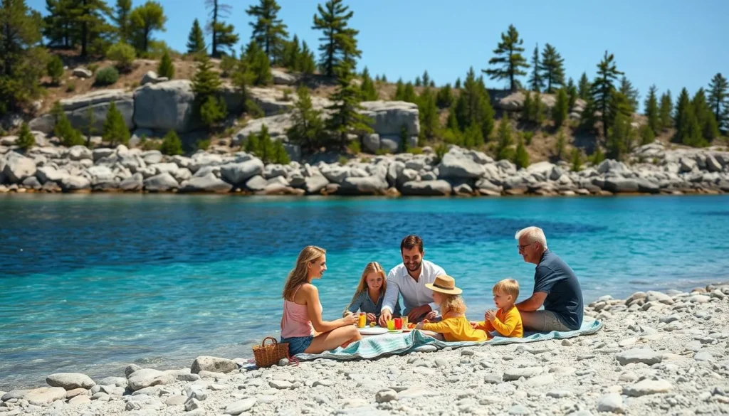 Family enjoying a picnic on a Georgian Bay beach with clear waters and rocky shoreline