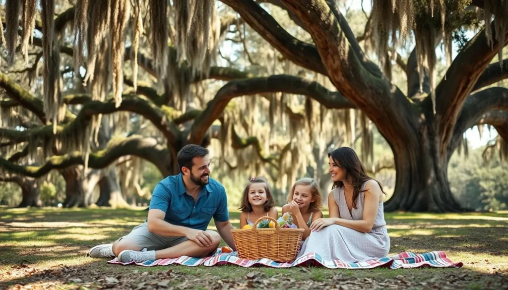 Family enjoying a picnic under live oak trees on Johns Island