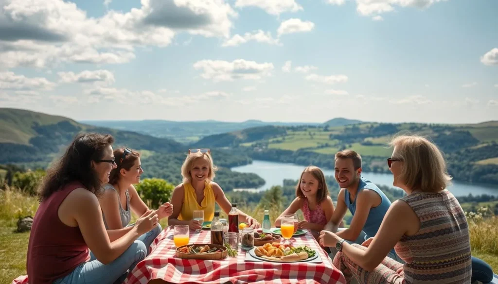 Family enjoying a picnic with view of Ladybower Reservoir in the Peak District Family enjoying a picnic with view of Ladybower Reservoir in the Peak District