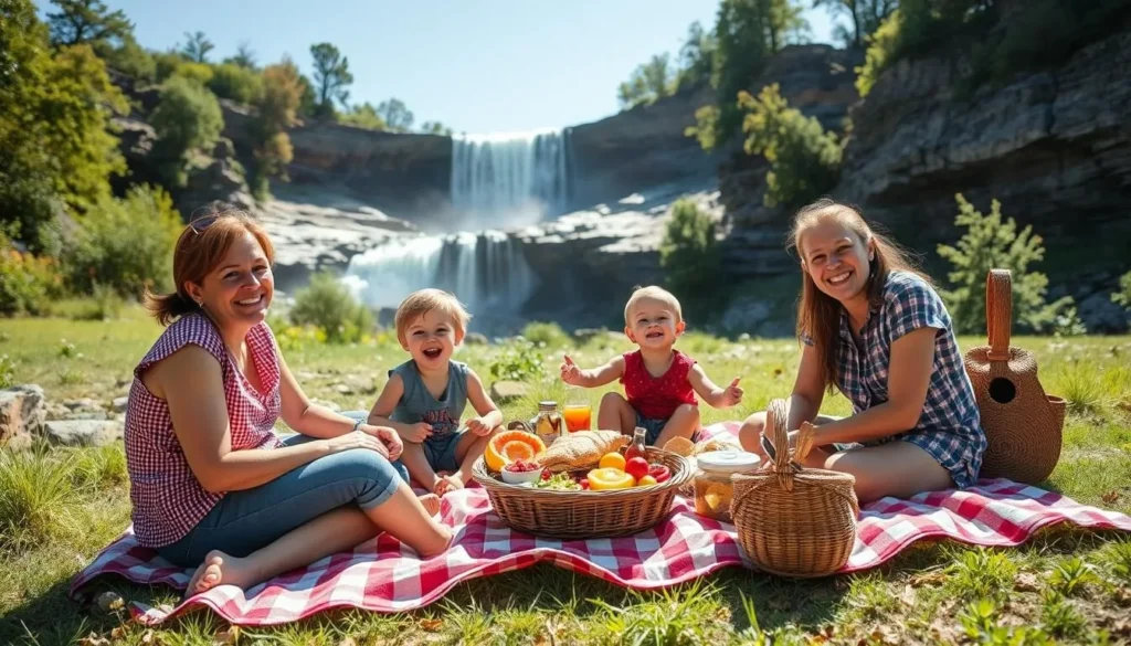 Family enjoying a picnic with view of Rock Island State Park waterfalls in the background Family enjoying a picnic with view of Rock Island State Park waterfalls in the background