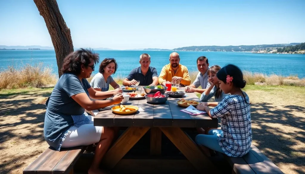 Family enjoying a picnic with waterfront views at Benicia State Recreation Area Family enjoying a picnic with waterfront views at Benicia State Recreation Area