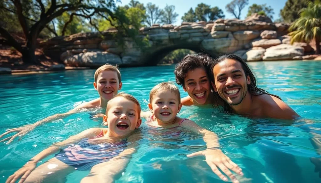 Family enjoying a swim in Lafayette Blue Springs with the natural limestone bridge visible in background