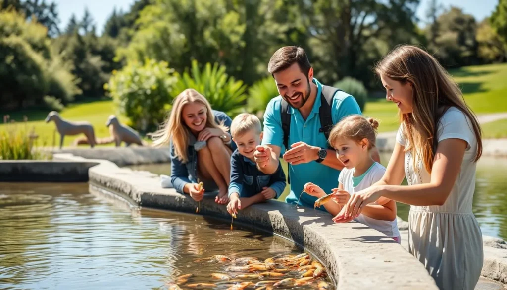 Family enjoying activities at Huka Prawn Park with children feeding prawns