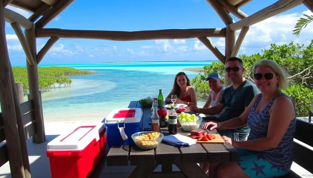 Family enjoying picnic at one of the gazebos on Isla Mata La Gata, Puerto Rico