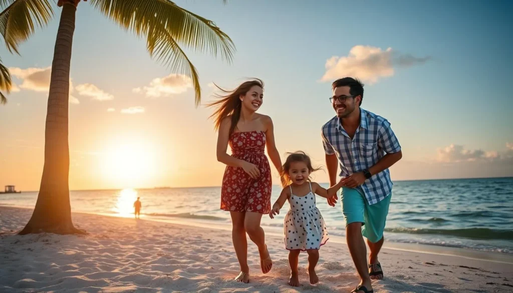Family enjoying sunset at Duck Key Florida with children playing on the beach