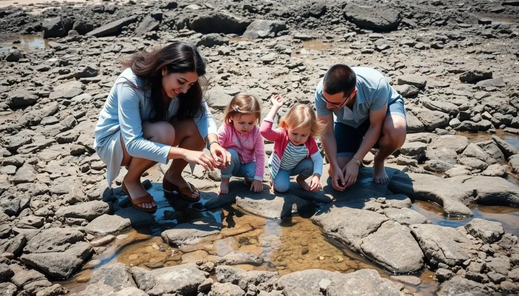 Family exploring tidepools at Mandalay State Beach during low tide