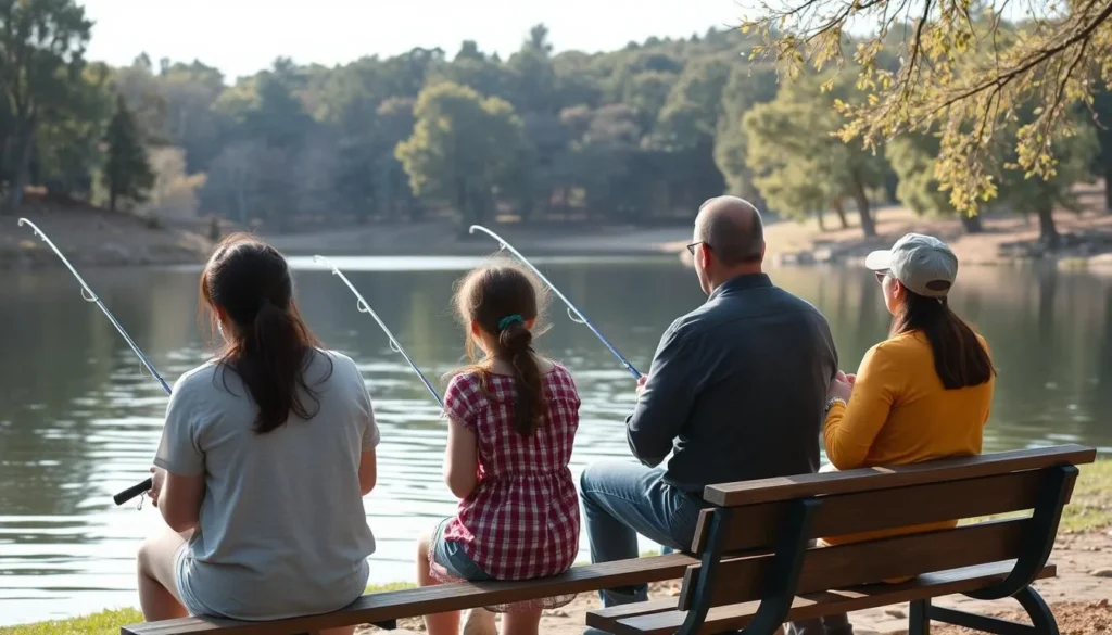 Family fishing at Gwen Moore Lake in Kenneth Hahn State Recreation Area