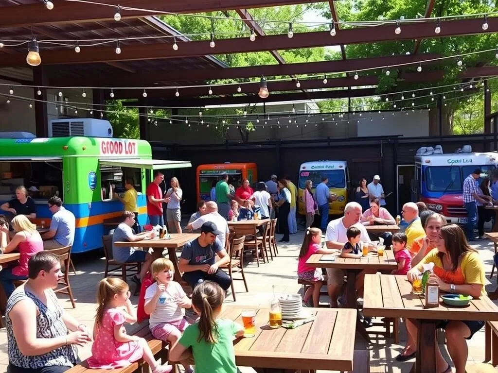 Family-friendly atmosphere at The Good Lot beer garden with food trucks Family-friendly atmosphere at The Good Lot beer garden with food trucks