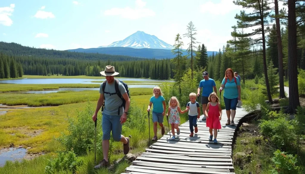 Family hiking on the Sandy Stream Pond Trail in Baxter State Park with Mount Katahdin visible in the background