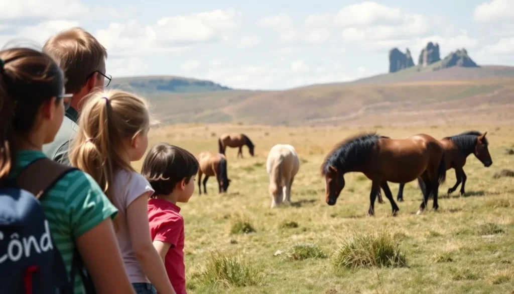 Family observing Dartmoor ponies grazing on the open moorland Family observing Dartmoor ponies grazing on the open moorland