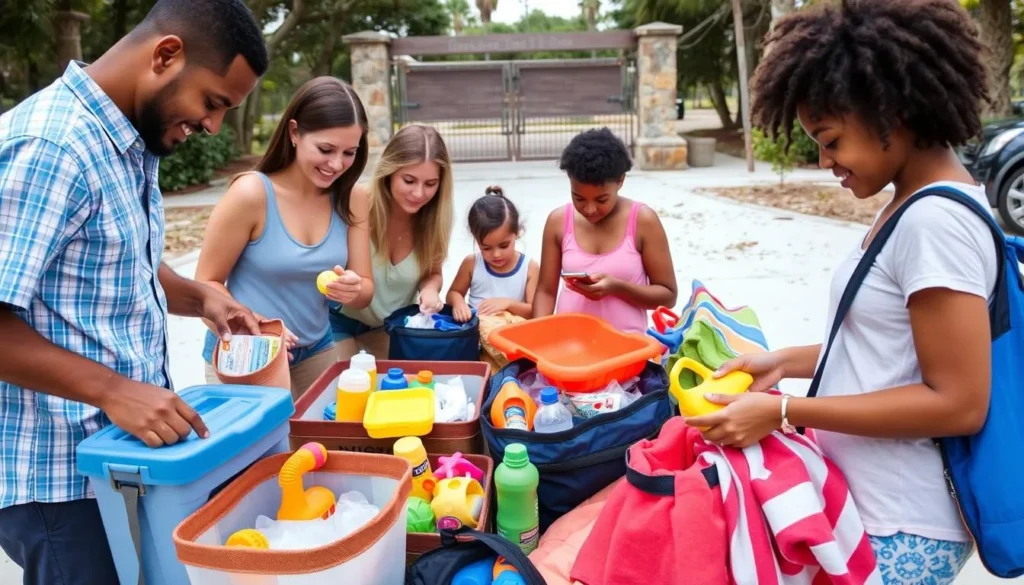 Family packing beach supplies for a day at St. George Island State Park Family packing beach supplies for a day at St. George Island State Park