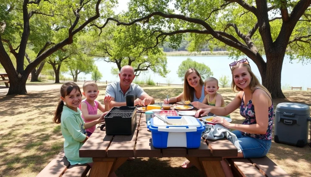 Family picnicking at Cedar Hill State Park Texas with lake view