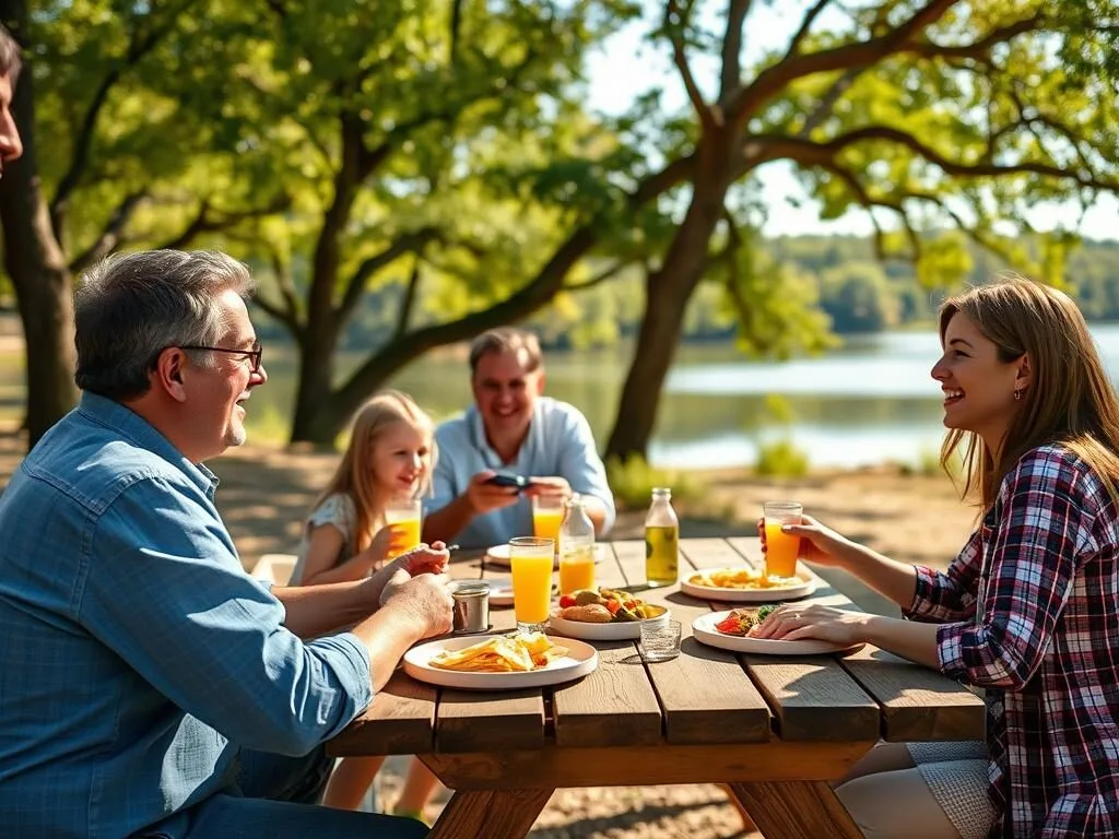 Family picnicking at Cleburne State Park with Cedar Lake in the background